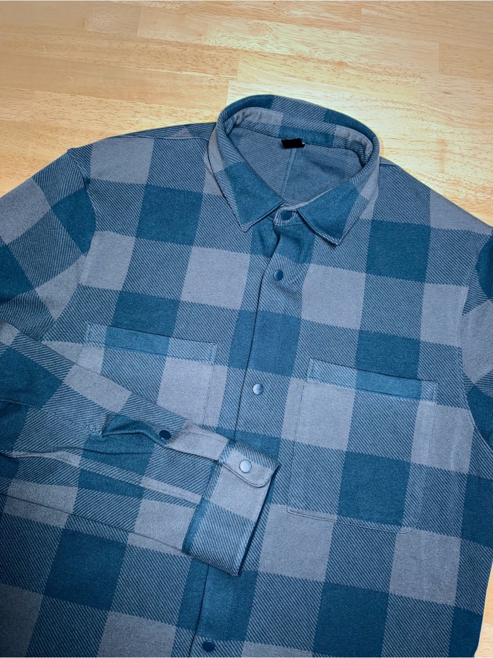 Lululemon Soft Knit Overshirt Shacket Mens Large Blue Plaid Flannel Snap Stretch